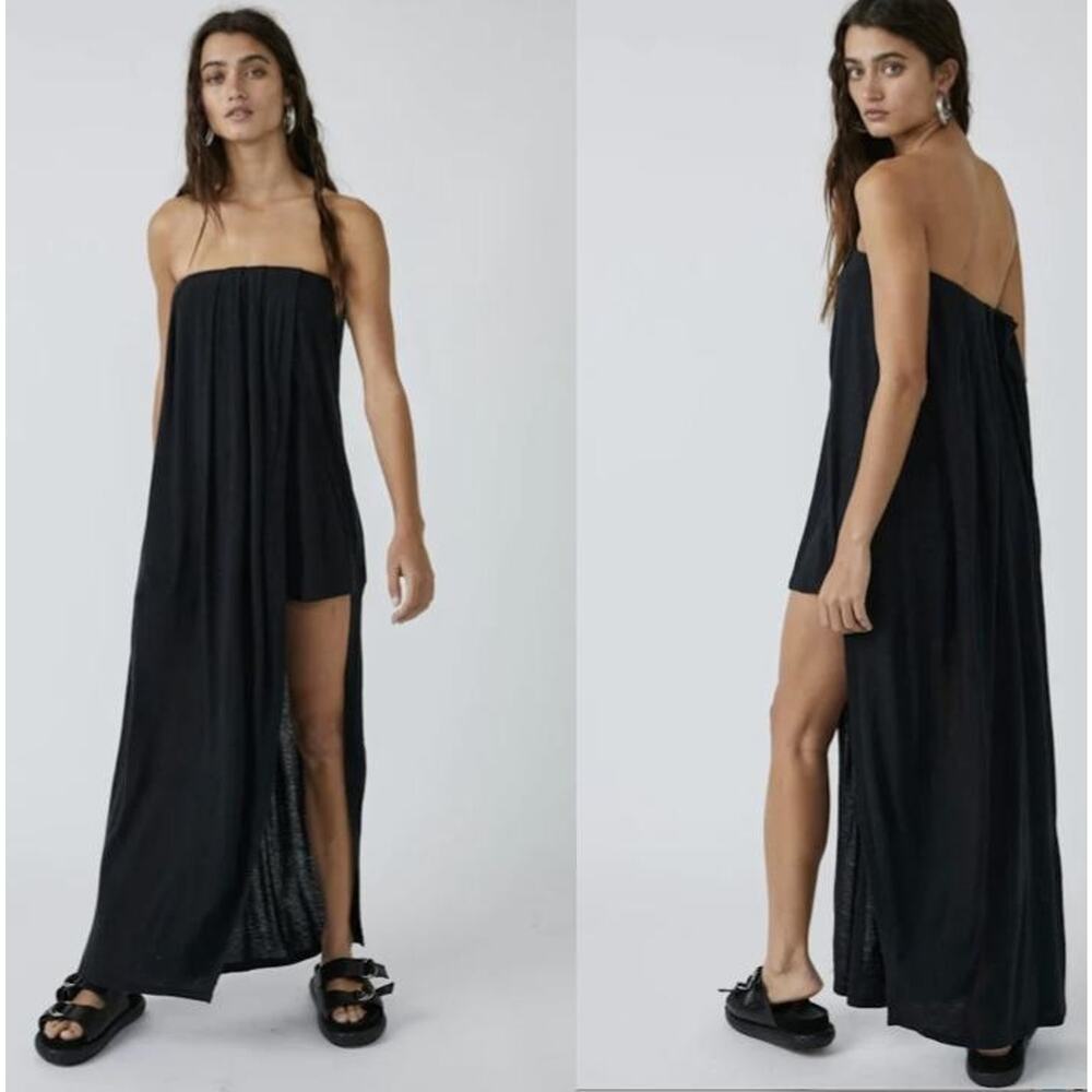 NWT Free People Summer Fling Solid Romper Womens M In Washed Black Strapless